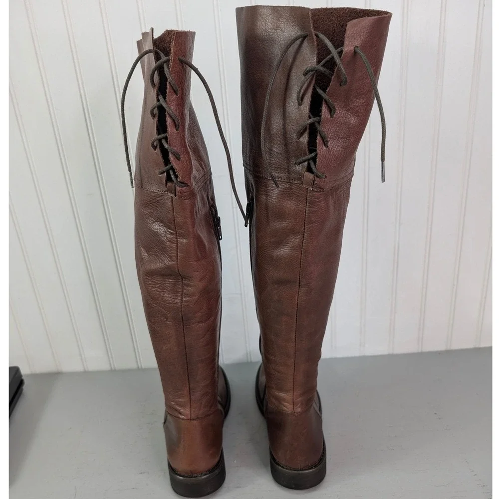 Steve Madden Omegaa Knee High Leather Boots‎ Womens Sz 8 Brown Lace Up Back Boho